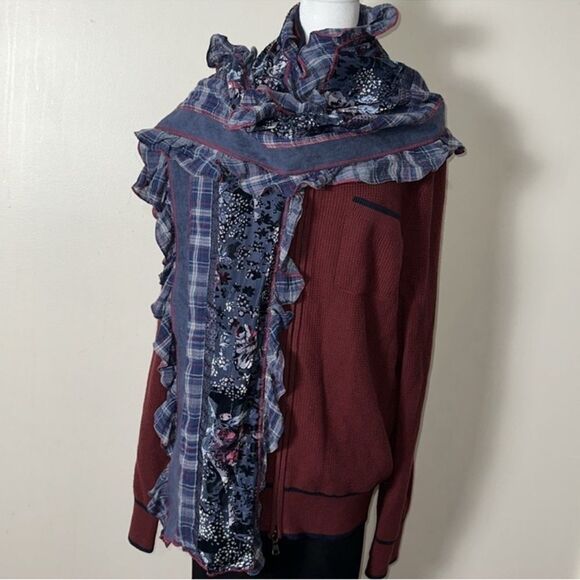 BONITA Navy Burgundy Gray Plaid Velour Floral Patchwork Ruffle Scarf Wrap - Picture 5 of 10